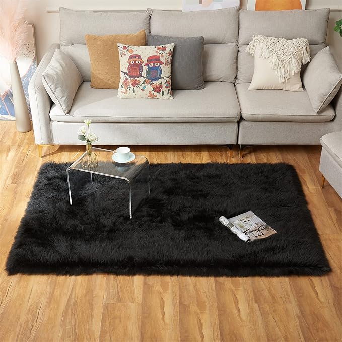 EasyJoy Ultra Soft Fluffy Shaggy Area Rug Faux Fur Rug Chair Cover Seat Pad Fuzzy Area Rug for Bedroom Floor Sofa Living Room (4 x 6 ft Rectangle, Black)
