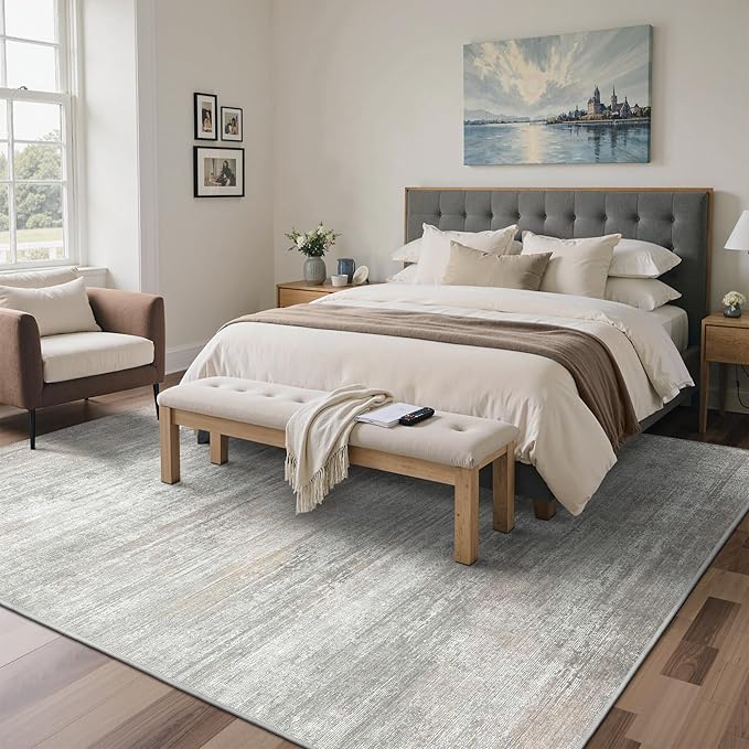 BEIMO Area Rugs 6x9 for Living Room Bedroom, Modern Abstract Machine Washable Rug, Large Soft Low Pile Floor Carpet with Non Slip Backing for Dining Room, Light Grey/Beige