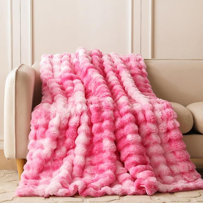 COOVA Faux Fur Throw Blanket for Couch, Cozy Soft and Fuzzy Plush Rabbit Fur Bubble Blanket for Sofa Bedroom Living Room, 50x60 Inches Tie Dye Pink