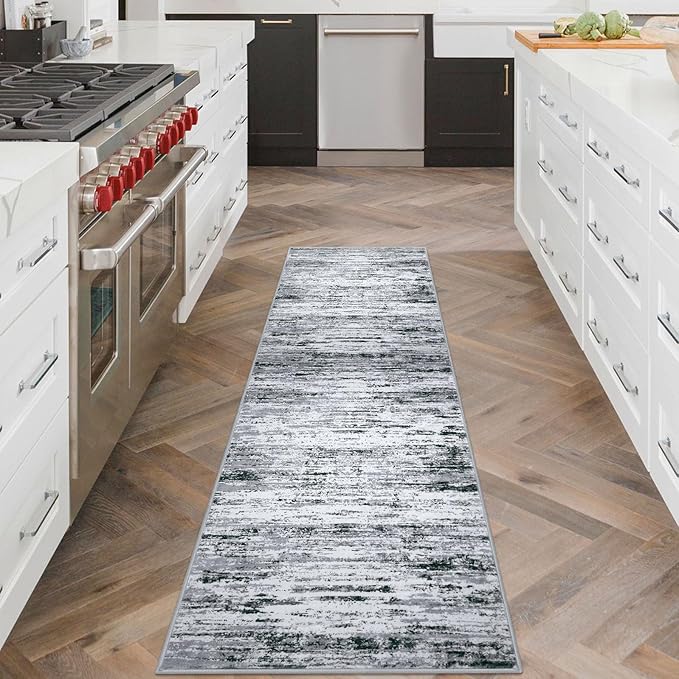 Lansny Modern Abstract Runner Rug 2x6, Black Grey White Washable Kitchen Runner Non-Slip Soft Hallway Rug Runner Thin Print Faux Wool Carpet for Entryway Bedroom Laundry Room Indoor Home Decor