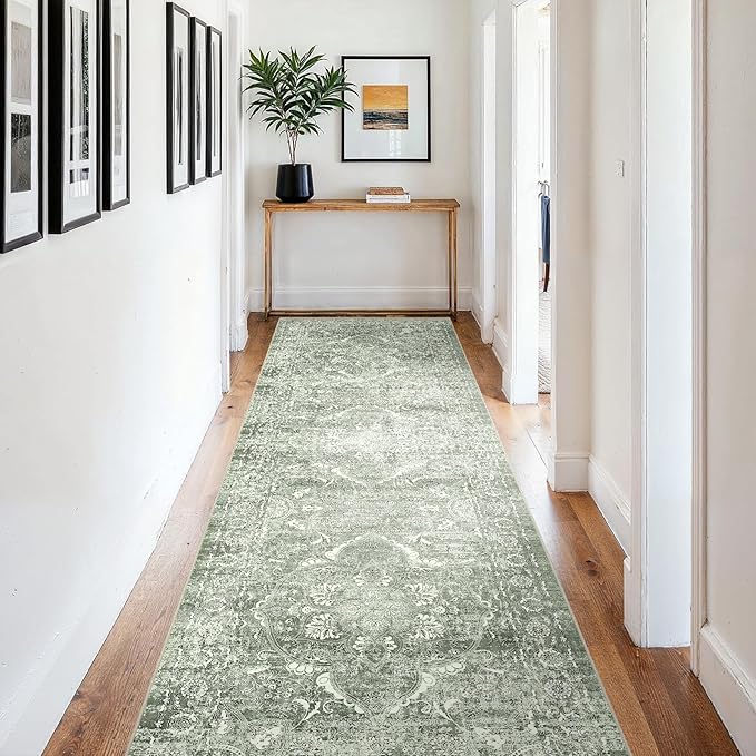 4x12 Washable Hallway Runner Rug - Wide Kitchen Runners Vintage Low Pile Carpet Soft Thin Floor Runner with Rubber Backing for Entryway Bedroom Living Room Home Decor (Muted Sage Green)