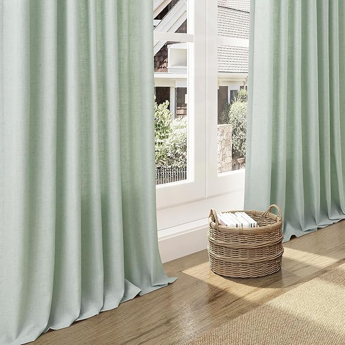 Nanspring Aqua Green Linen Curtains 102 Inches Long Rod Pocket Back Tab Drapes 2 Panels Set for Living Room Bedroom Light Filtering Semi Sheer Aqua Green Curtain 102 Length for Patio Door 52x102