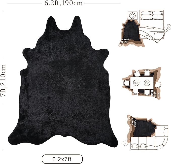 Black Faux Cowhide Rug: Cow Hide Cow Print Rug for Living Room Bedroom 5.2x7 Feet - Animal Print Skin Rustic Western