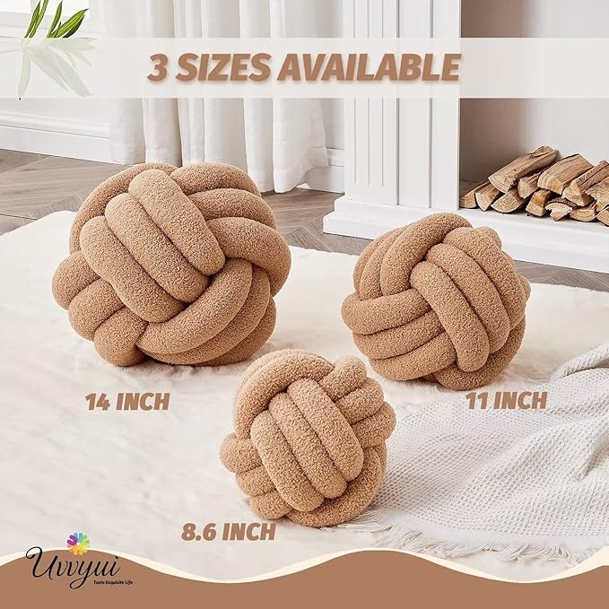 Uvvyui Knot Pillow Ball, Soft Home Decorative Pillows, Round Throw Pillow, Handmade Knotted Plush Pillow, Round Boucle Pillow Cushion (8.6 Inches Khaki)