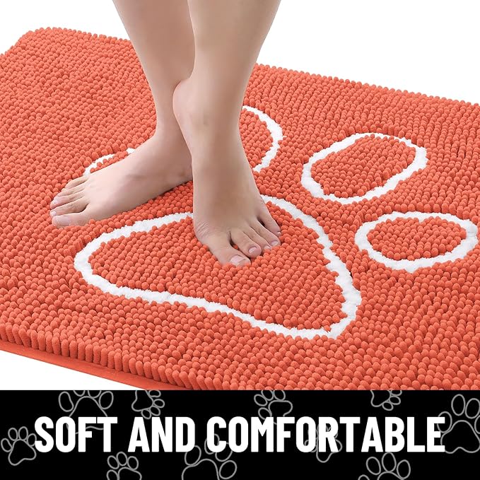 Smiry Dog Door Mat for Muddy Paws, Absorbent Dirt Trapper Non Slip Quick Dry Washable Chenille Mat for Mud Dogs, Entry Rug for Indoor and Outdoor (30x20 Inches, Coral and White)