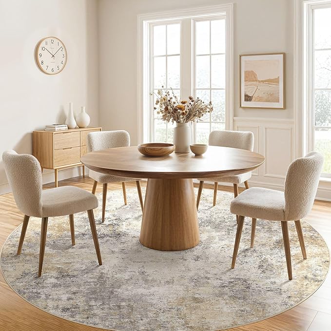 UERMEI 8ft Round Area Rug Living Room Rugs - 8x8 Washable Neutral Modern Abstract Soft Thin Rug Indoor Floor No Slip Rug Carpet for Bedroom Under Dining Table Home Office Decor - Golden Grey
