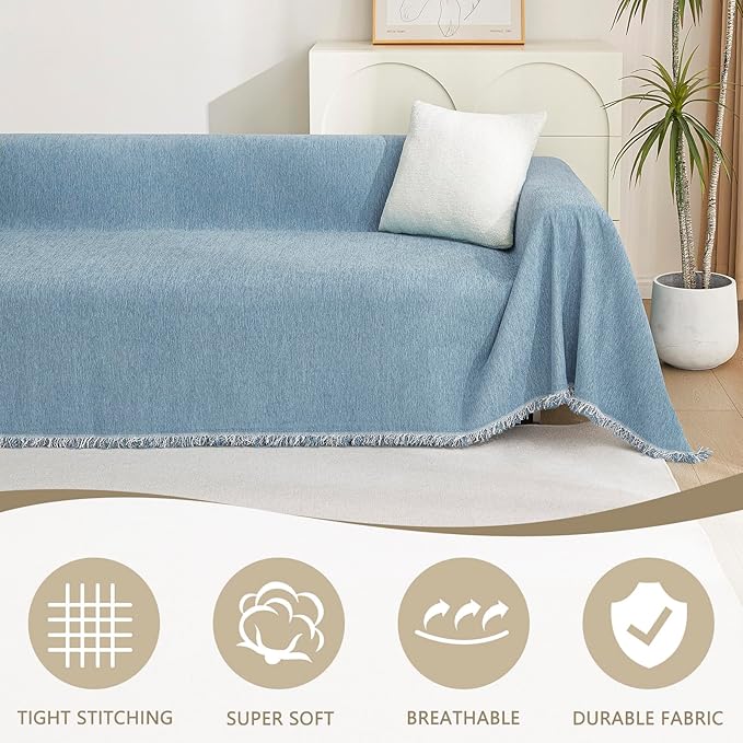 MYSKY HOME Couch Cover Sofa Covers, Sectional Couch Covers for 3 Cushion Couch Sofa, Chenille Sofa Slipcovers, Futon Covers, Machine Washable, Soft Furniture Protector for Kid, 91" x 134", Blue