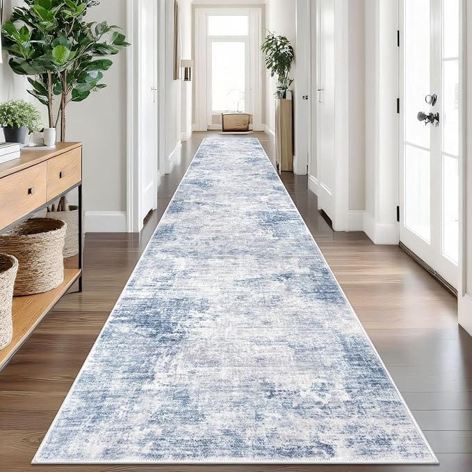IOHOUZE Abstract Runner Rug 3x18 Ft Washable Runners for Hallways, Non Slip Kitchen Runner Printed Faux Wool Entryway Runner Indoor, Modern Abstract Floor Carpet for Hall Stair, Light Blue Grey