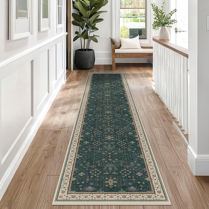 Hazo Haus Vintage Dark Green 2x10 Hallway Runner Rug - Modern Boho Eclectic Floral Pastel, Washable Low Pile Non-Slip Extra Long Runner Rugs for Kitchen, Bedroom