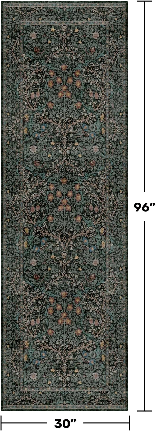 8ft Long Runners for Hallways Non Slip, 2'6" x 8' Floor Runner for Kitchen, Entryway Indoor, Washable Rubber Backing Stain Resistant - Vintage Floral Dark Green & Black Wide Décor