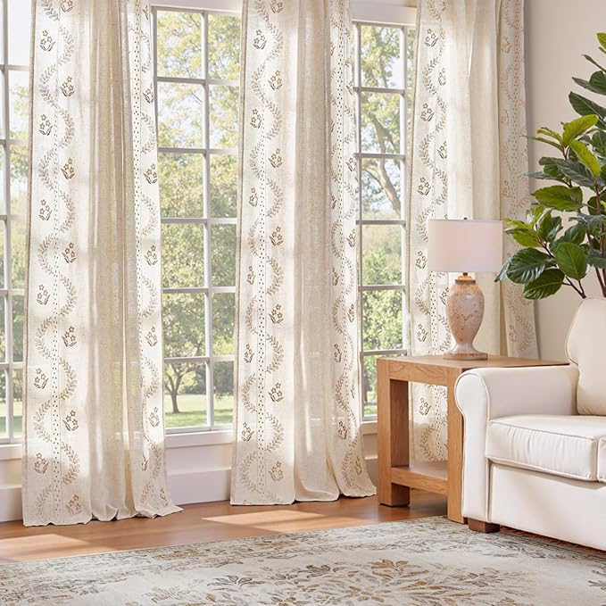 jinchan Belrose Linen Curtains for Bedroom Floral Curtains 96 Inch Length Linen Blend Beige Embroidered Drapes Farmhouse Flower Patterned Drapes for Living Room Window Treatments Set 2 Panels