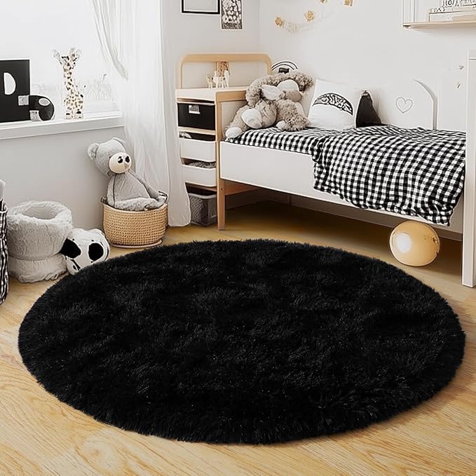 5'x5' Black Round Rug for Bedroom, Ultra Soft Fluffy Circle Rug for Kids Girls Boys Room, Cute Shag Rugs for Living Room Playroom Teen Room Home Decor Rug