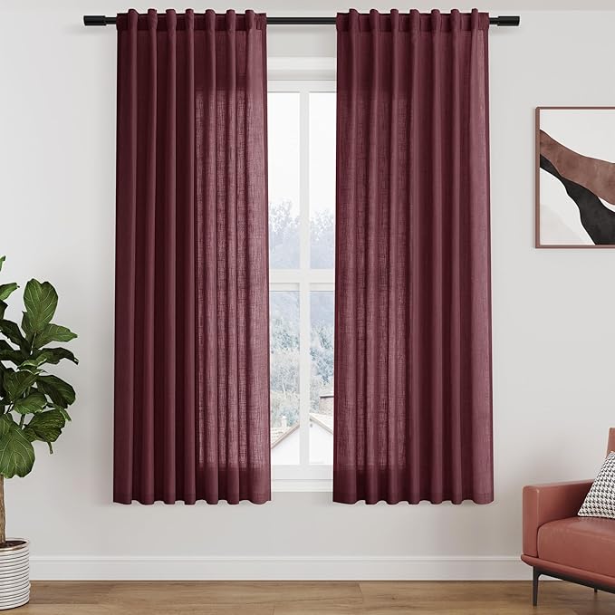 Burgundy Linen Curtains 63 Inches Long 2 Panel Sets for Living Room Bedroom Rod Pocket Back Tab Light Filtering Drape for Kitchen Window Short Protect Privacy Curtain Modern Farmhouse Decor 52x63