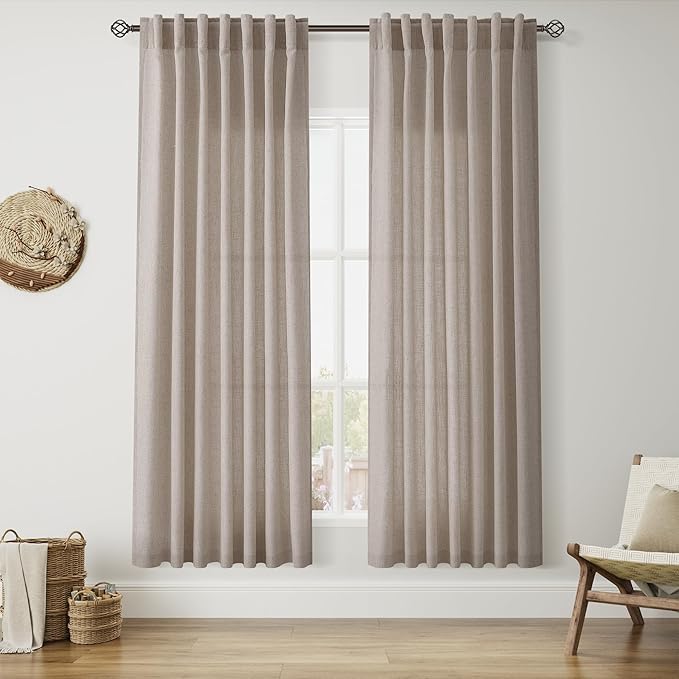 Nanspring Ecru Curtains for Living Room 72 Inches Long Linen Blend Luxury Light Filtering Semi Sheer Curtain Back Tab Rustic Decor Natural Farmhouse Elegant Boho Drapes for Bedroom 52x72, 2 Panels