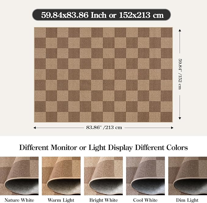 Lahome Colette Checkered Easy Jute Living Room Rugs, 5x7 Large Dining Room Office Carpet Farmhouse Washable Area Rug, Checkerboard Neutral Non Slip Indoor Outdoor Carpet for Bedroom Entry Patio