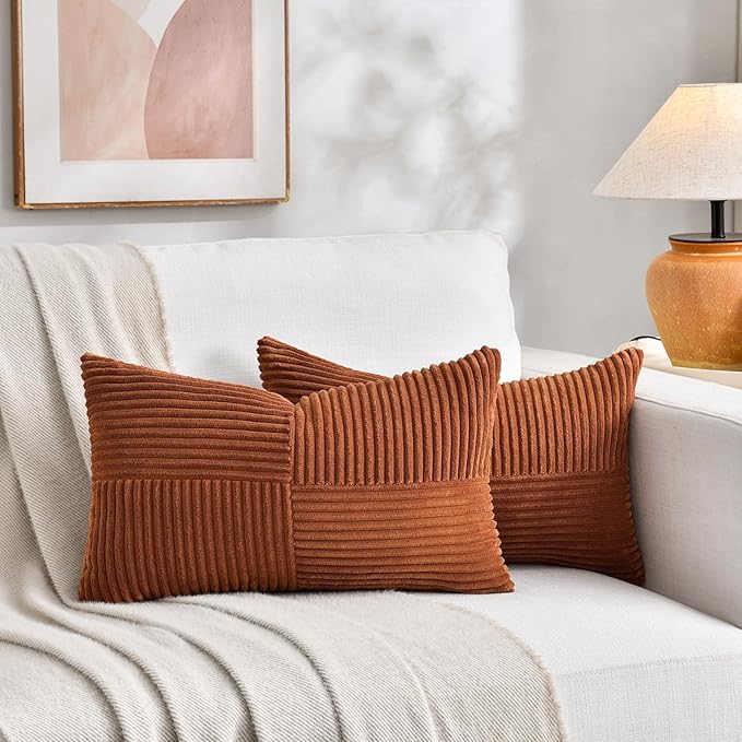 Fancy Homi 2 Packs Rust Lumbar Decorative Throw Pillow Covers 16x26 Inch for Living Room Couch Bed Sofa, Rustic Farmhouse Boho Home Decor, Soft Striped Corduroy Rectangle Accent Cushion Case 65x40 cm