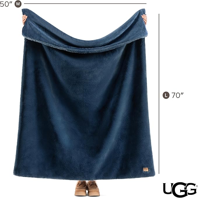 UGG Euphoria Faux Fur Throw Blanket, Soft Warm Throw Blankets for Couch or Bed, Luxury Bedroom Decor, Giftable Fuzzy Blankets, Machine Washable, 50-inch x 70-inch, Indigo Blue