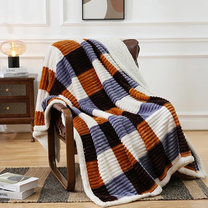 PU MEI Sherpa Blanket Twin Plaid Thick Bed Blanket, 60”*80” Super Soft Flannel Fuzzy Fleece Reversible Velvet Plush Warm Blanket for Couch (Brown Orange Check)