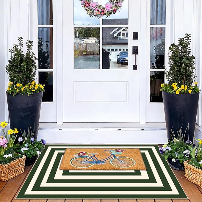 Front Door Mat Outside Entrance - 2x3 Green White Non-Slip Washable Doormat Indoor Outdoor Entrance Geometric Bordered Rug Small Throw Rugs for Entryway Bedroom Kitchen Front Porch Decor