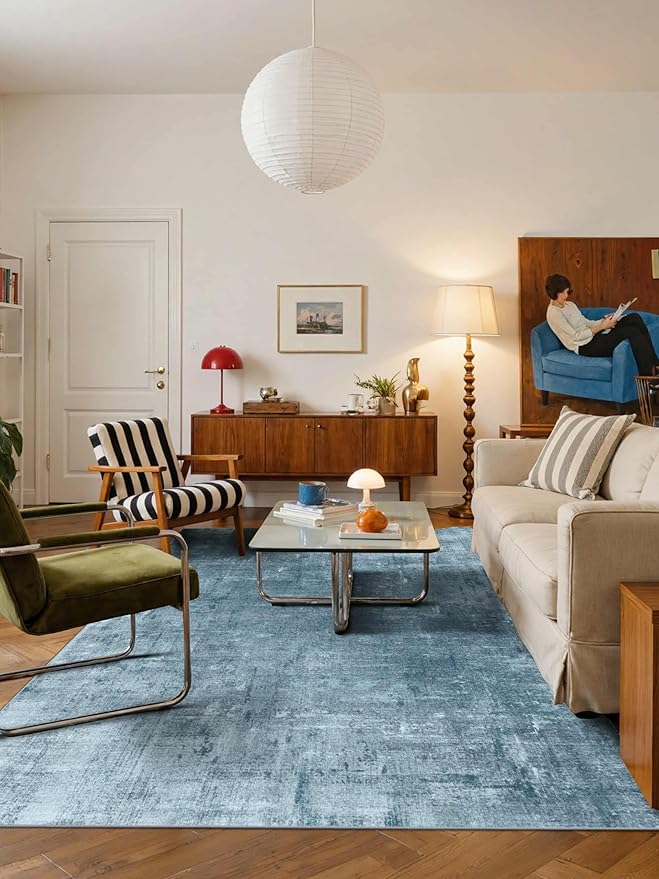 Latte&Fog 5x7 Area Rugs for Living Room Bedroom, Blue Modern Abstract Neutral Washable Rug, Boho Non Slip Low Pile Carpet for Dining Room, Dorm, Classroom, College Dorm, Farmhouse and Kids Room - Blue