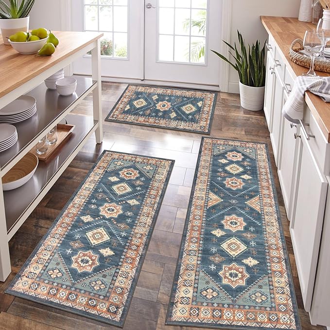 HEBE Boho Kitchen Rug Sets 3 Piece with Runner Non Slip Kitchen Rugs and Mats Washable Kitchen Mats for Floor Thick Kitchen Floor Mat Carpet Runner Rugs for Hallway Laundry Holiday Decor