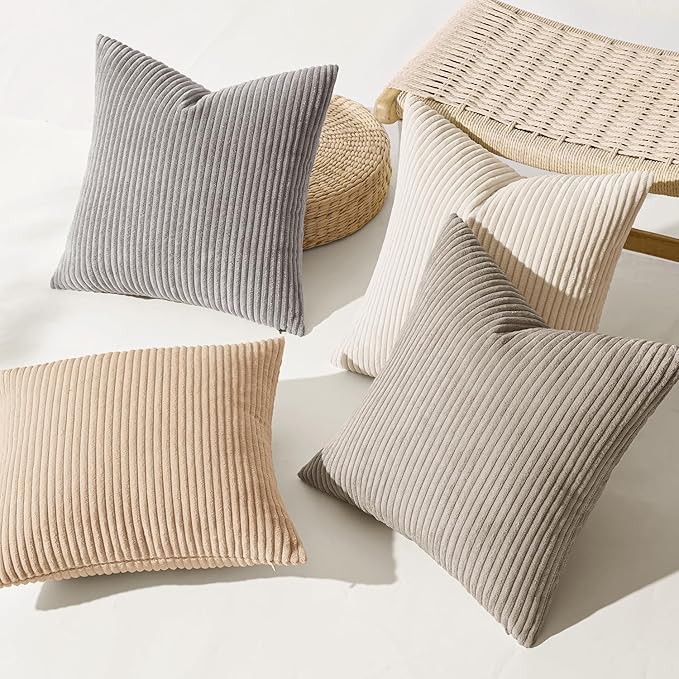 MIULEE Boho Farmhouse Neutral Cream Throw Pillow Covers 18x18 Inch Set of 4 Mordern Nordic Cushion Covers Soft Corduroy Spring Home Decor for Couch Bed Sofa Living Room