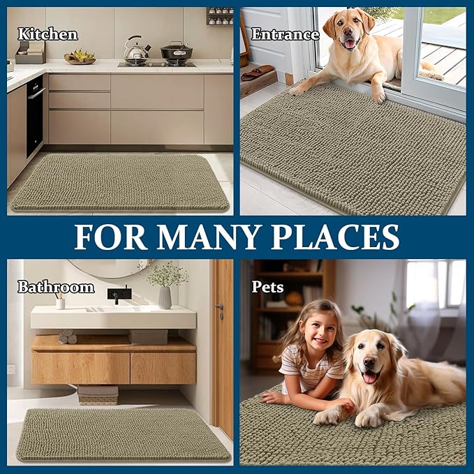 OLANLY Dog Door Mat for Muddy Paws 40x24, Absorbs Moisture and Dirt, Absorbent Non-Slip Washable Doormat, Quick Dry Chenille Mud Mat, Entry Indoor Entryway Carpet for Inside Floor, Warm Taupe