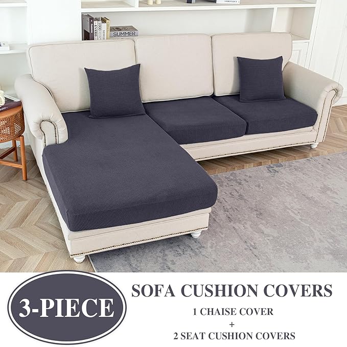 Couch Cushion Covers for Sectional Sofa L Shape Washable Separate Seat Chaise Couch Cover Stretch Sofa Slipcovers with 2 Pcs Pillowcases(2 Seater + 1 Chaise, Dark Grey)