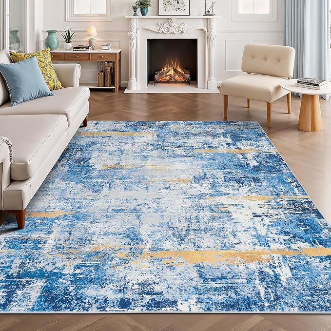 Rugflix 5x7 Area Rugs for Living Room, Washable Large Rug Stain-Resistant Low Pile, Modern Carpet for Dining Room Home Office Kid Room Nursery Bedroom, Blue Gold