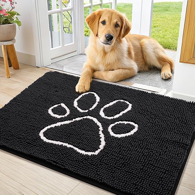 Smiry Dog Door Mat for Muddy Paws, Absorbent Dirt Trapper Non Slip Quick Dry Washable Chenille Mat for Mud Dogs, Entry Rug for Indoor and Outdoor (36x24 Inches, Black and White)