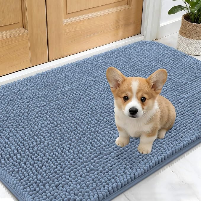 OLANLY Dog Door Mat for Muddy Paws 24x16, Absorbs Moisture and Dirt, Absorbent Non-Slip Washable Doormat, Quick Dry Chenille Mud Mat for Dogs, Entry Indoor Entryway Carpet for Inside Floor, Airy Blue