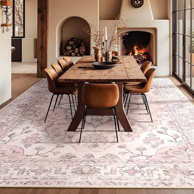 RELEANY Area Rugs 10'x14' Washable Non-Slip, Floral Vintage Distress Print Pattern Medallion Carpet for Living Room Bedroom Dining Room, Pink Greypink Cute