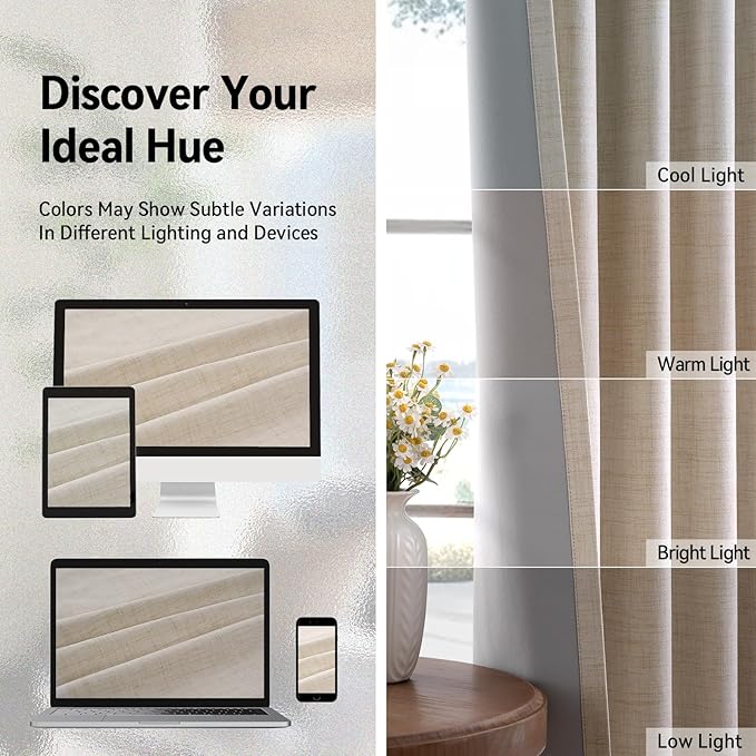 100% Blackout Shield Linen Blackout Curtains for Bedroom, Oatmeal Grommet Curtains for Living Room, Thermal Insulated Room Darkening Drapes for Nursery, Boho Home Decor, 50" W x 96" L, 2 Panels