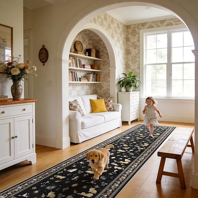 2x12 Washable Hallway Runner Rug - Soft Low Pile Floral Animal Cat Print Rugs with Non-Slip Backing Waterproof Stain-Resistant Indoor Carpet for Kitchen Entryway Bathroom Bedroom (Black)
