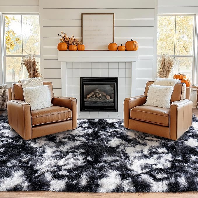 Pionblank 8x10 Rug for Living Room, Fuzzy Plush Large Area Rug, Fluffy Modern Shag Non Slip Soft Furry Carpet for Bedroom Kids Room Nursery Teens Dorm Home Decor, Black White