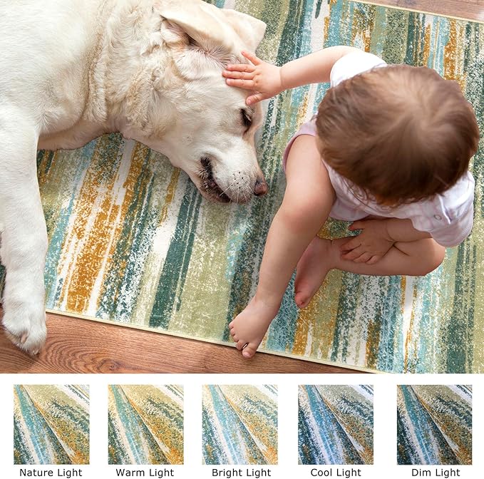 Lansny Modern Abstract Runner Rug 2x6, Green Mustard Multi Washable Kitchen Runner Non-Slip Soft Hallway Rug Runner Thin Print Faux Wool Carpet for Entryway Bedroom Laundry Room Indoor Home Decor