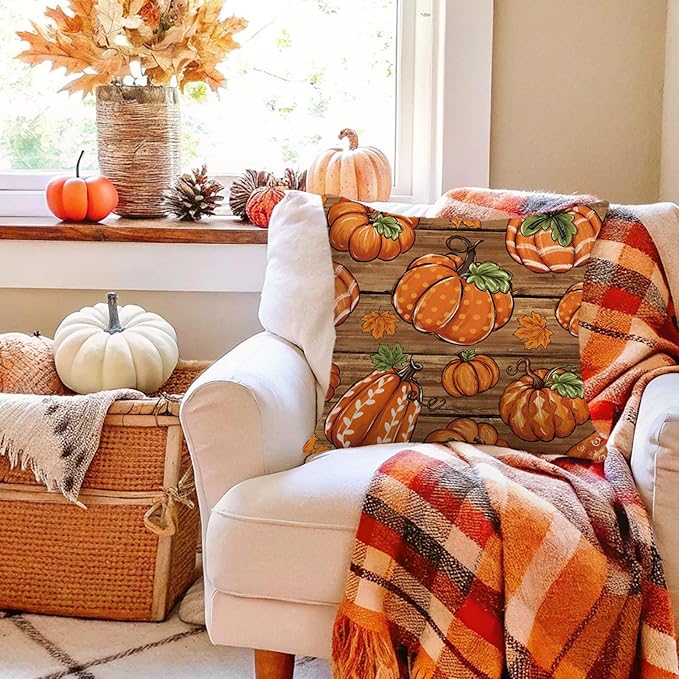 Fall Decorations for Home,Fall Pillow Covers 18 x 18 Inch Autumn Thankful Grateful Blessed Pumpkin Linen Pillow Decorations for Sofa Couch Set of 4