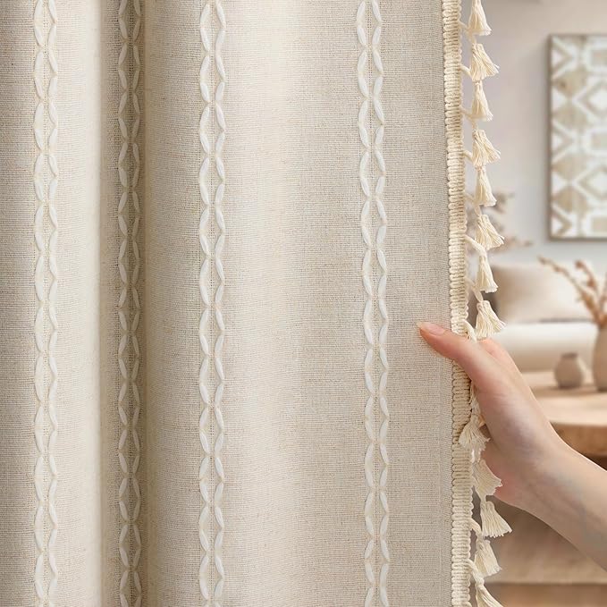 Boho Blackout Curtains 63 Inches Long Beige Linen Blend 2 Panels with Tassels and Cotton Embroidery, Farmhouse Vintage Rustic Rod Pocket Drapes for Living Room or Bedroom