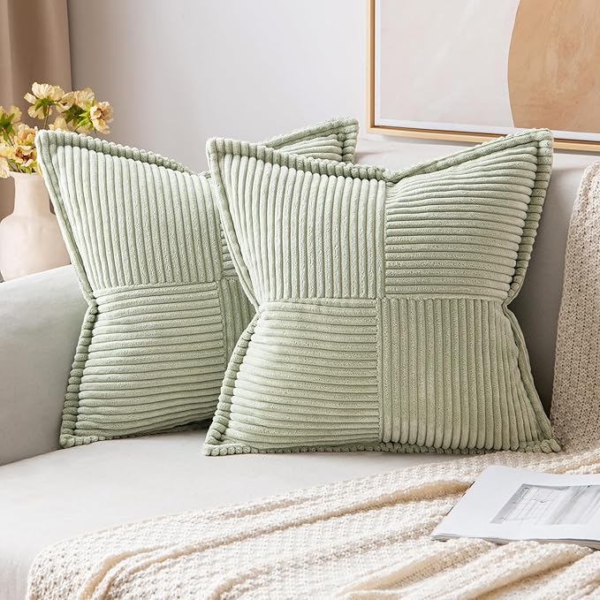MIULEE Spring Decorative Throw Pillow Covers for Couch Bed Livingroom 20x20 Inch Set of 2 Light Green Boho Accent Throw Pllows Broadside Striped Patchwork Soft Corduroy Summer Pillowcases