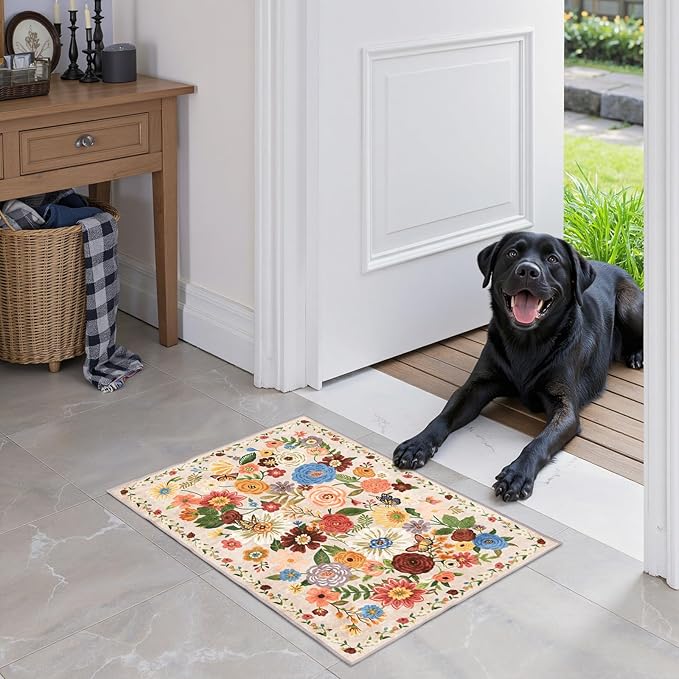 Area Rugs 24x17 Inch Home Decor Entry Rug, Small Door Mat Bath Mats for Bathroom, Ultra-Thin Non Slip Floral Rug Low Pile Tub Mat for Sink Shower Doorway Tub Kitchen Sink(2 x 1.4 ft, Beige)