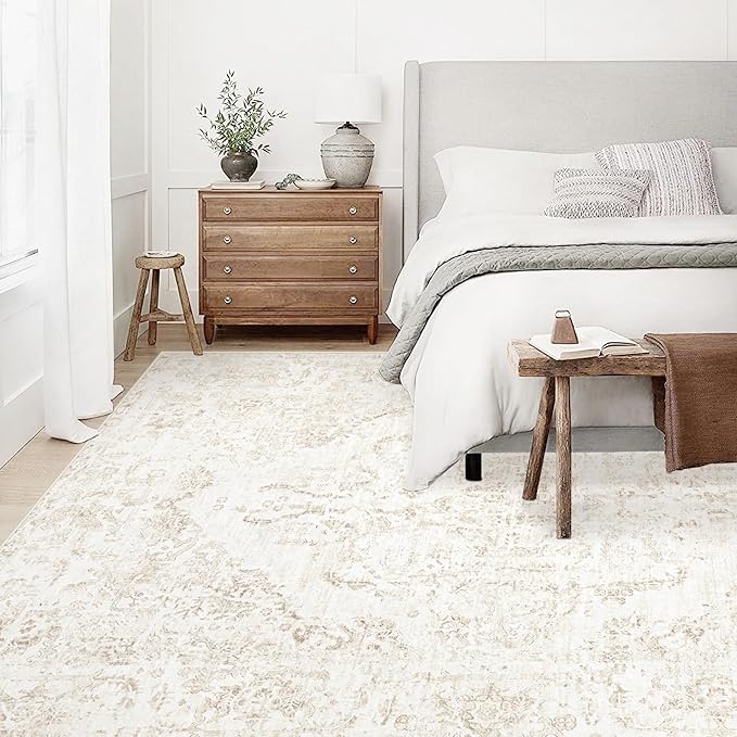 9x12 Area Rugs for Living Room:Washable Rug Vintage Large Rugs Soft Non Slip Low Pile Rug Floral Distressed Floor Carpet for Bedroom Dining Room Home Office (Beige,9'x12')