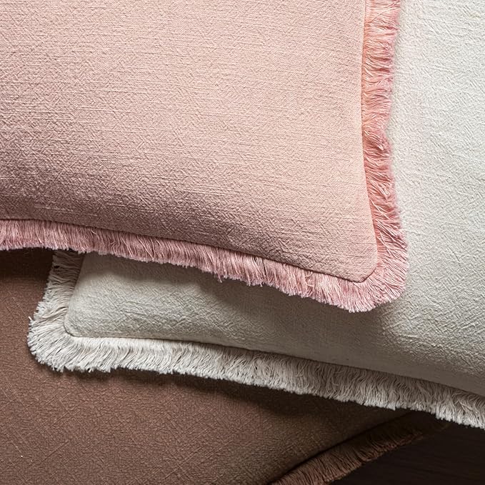 MIULEE Valentines Decorative Throw Pillow Covers Neutral Linen Fringe Throw Pillows Set of 2 Pink Boho Farmhouse Cushion Covers with Tassels for Couch Sofa Bed Living Room Spring Decor 20x20 Inch