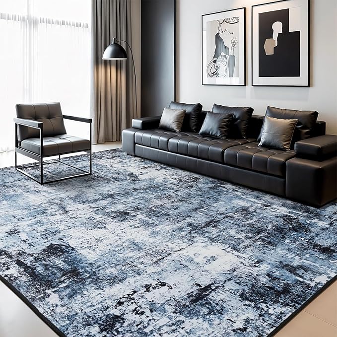 Rugflix 6x9 Area Rugs for Living Room, Washable Large Rug Stain-Resistant Low Pile, Modern Dark Carpet for Dining Room Home Office Kid Room Nursery Bedroom, Navy Blue/Black