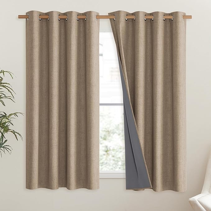NICETOWN Burlap Vintage Open Linen Weave Flax Thermal Curtains, 100% Blackout Curtains 45" Long for Dining Room, Soundproof Window Treatment Drapes for Hall Room, 52" Wide Per Panel, Set of 2