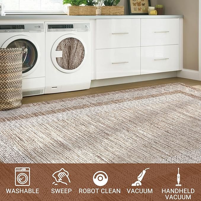 GarveeHome 8x10 Large Washable Area Rug Modern Bordered Rug Distressed Geometric Floor Carpet, Soft Non Slip Rug, Low Pile Non Shedding Rug, Indoor Brown Rug for Bedroom, Living Room