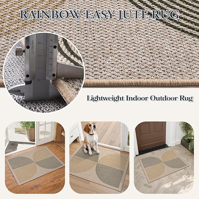 Lahome Enfys Rainbow 20"x32" Door Mat Indoor Entrance, Small Indoor Outdoor Door Easy Jute Rug, Farmhouse Neutral Non Slip Non Shedding Washable Kitchen Mats for Floor Entryway