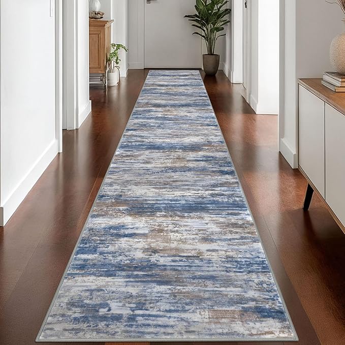 KOZYFLY Modern Abstract Washable Rug Runner 2.6x16 Hallway Rug Runner Non-Slip Soft Kitchen Runner Rugs, Blue Rust Striped Carpet for Stair Entryway Bathroom Laundry Room Foyer