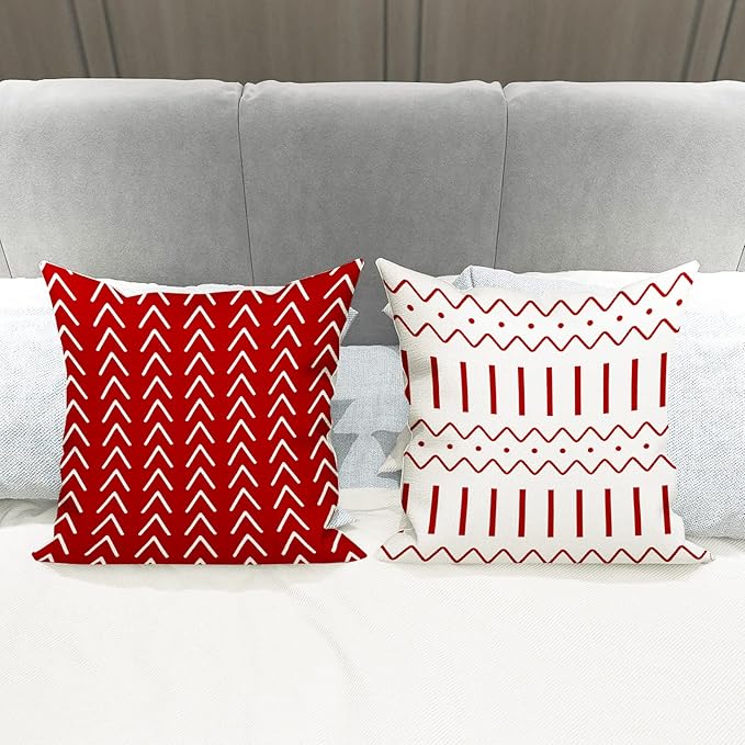YCOLL Christmas Pillow Covers 18x18 Set of 4, Modern Sofa Throw Pillow Cover for Christmas Decor, Decorative Outdoor Linen Fabric Pillow Case for Couch Bed Car, Red