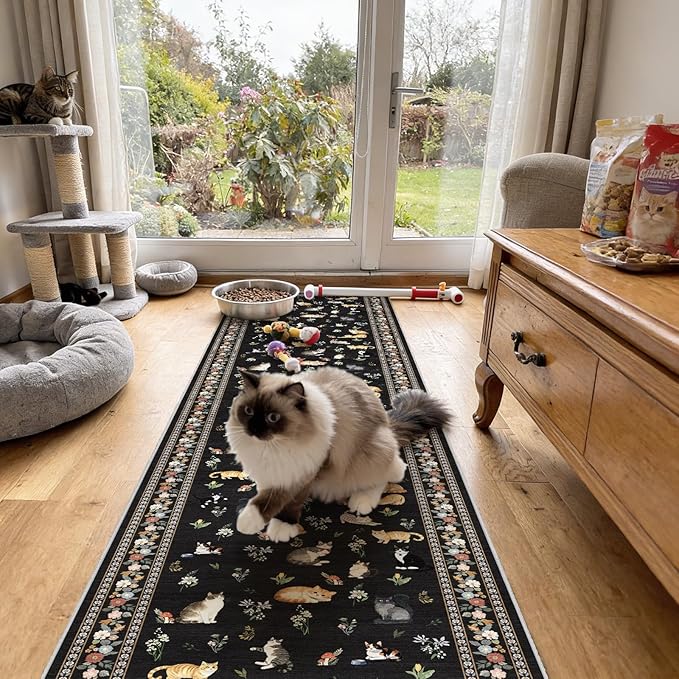 2x10 Washable Hallway Runner Rug - Soft Low Pile Floral Animal Cat Print Rugs with Non-Slip Backing Waterproof Stain-Resistant Indoor Carpet for Kitchen Entryway Bathroom Bedroom (Black)