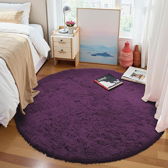 OLANLY Dark Purple Round Rugs for Bedroom - Machine Washable, 4 ft Circle Area Rugs for Living Room, Soft and Fluffy Shaggy Carpet for Teen Girl and Boys, Nursery Rooms, Dorms, Home Decor Aesthetic